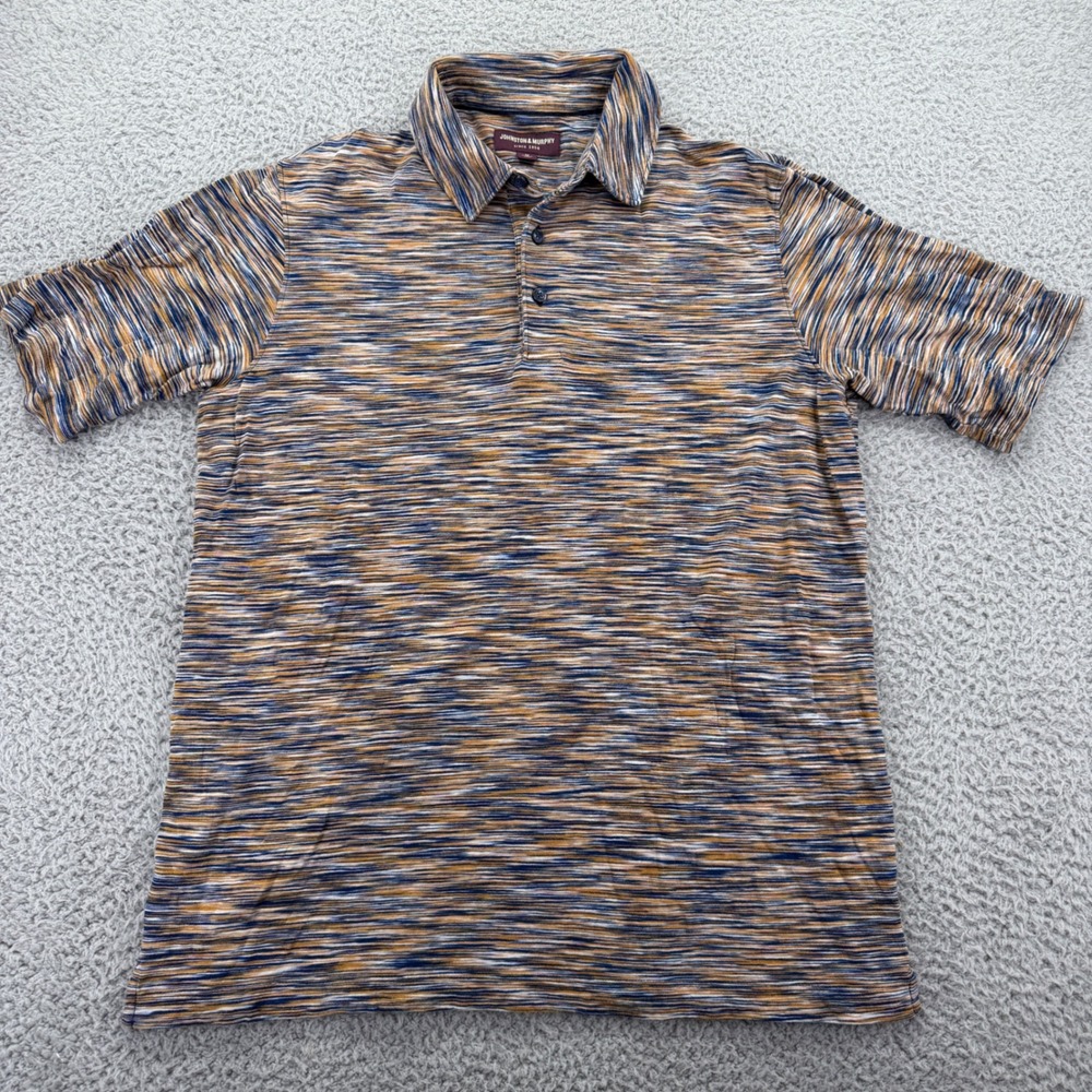 Johnston & Murphy Mens Medium Space Dye Stripe Polo Shirt Blue Gold Peru